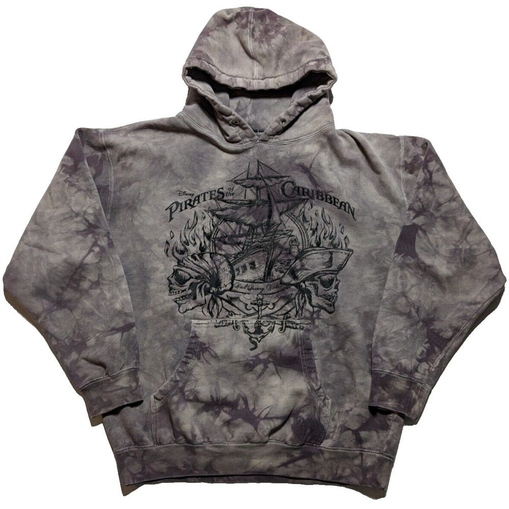 VTG WALT DISNEY WORLD PIRATES OF THE‎ CARIBBEAN Men Large Gray Tie Dye Hoodie